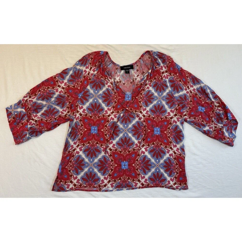 Karen Kane L Boho Medallion Print Split V-Neck Tie Blouse 3/4 Sleeve Viscose